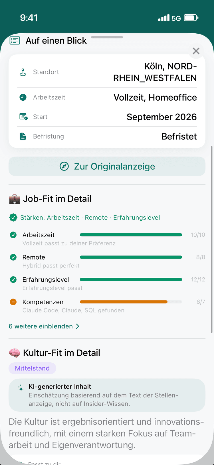 Job-Detail mit Job-Fit und Kultur-Fit