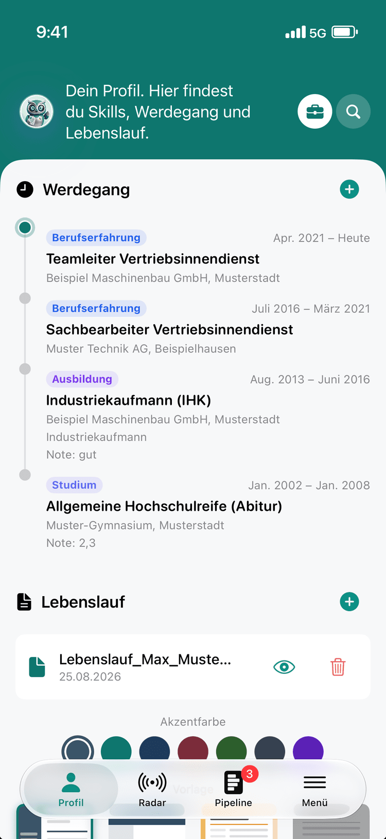 Profil mit Werdegang und Lebenslauf